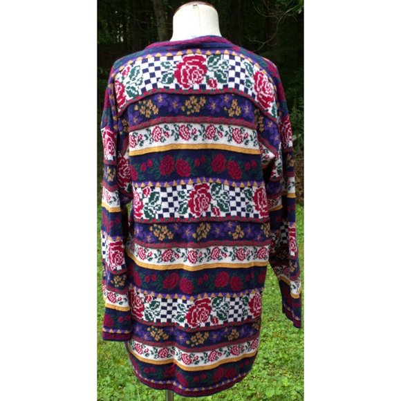 Vintage 80s Heartworks Sweater Striped Roses Checkered Long Size Medium Preppy - Picture 6 of 11